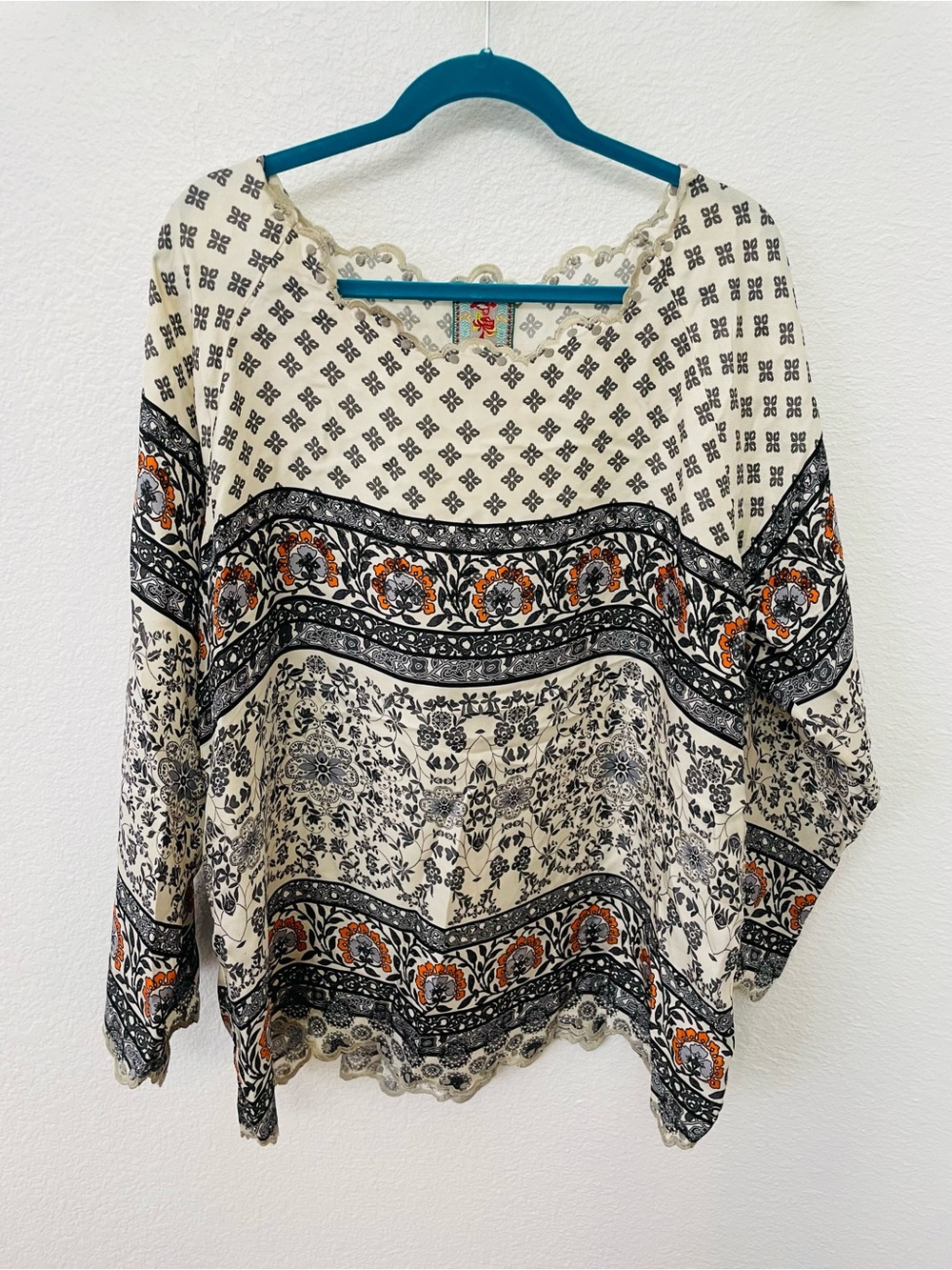 Johnny Was Cream Tunic with Black Floral Borders and Orange Accents